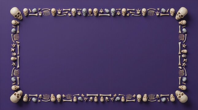 Rectangular frame made of human skulls and bones on a dark purple background