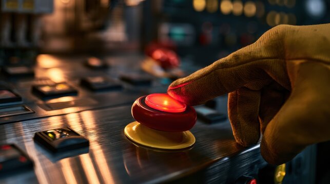 A gloved hand presses a red emergency stop button on an industrial control panel, highlighting safety and accident prevention.