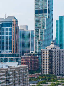 Aerial shot of Skyscrapers and office buildings in the skyline in Chicago Illinois USA