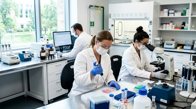 Medical researchers working with pipettes and microscopes in a modern laboratory setting
