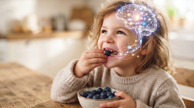 Little girl eating blueberry with digital brain illustration. Healthy nutrition for child mental development. Brain food and cognitive function concept for kids growth and intelligence.