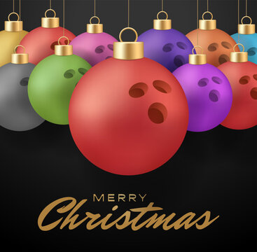 Colorful Bowling Ball Ornaments Hanging Arranged Festively for Unique Christmas Holiday Celebration, Joyful Modern Vector Illustration.