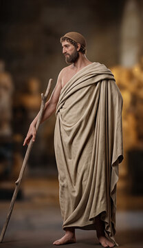 Ancient Greek man in traditional chiton wearing cap and holding wooden staff