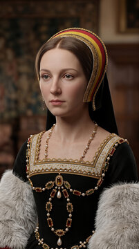 Renaissance Tudor woman portrait wearing historical fashion gown and headdress