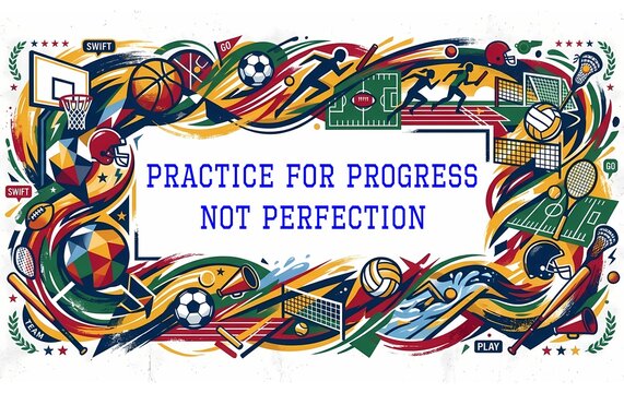 Colorful school sports icons symbols border with text Practice for progress not perfection illustration fonts 