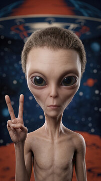 Friendly extraterrestrial alien with a hairy head making a peace sign in space