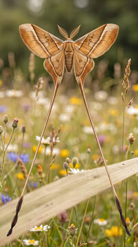Comet moth (Argema mittrei) with long tails in a wildflower meadow