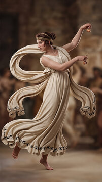 Ancient Greek woman dancing in traditional chiton holding castanets