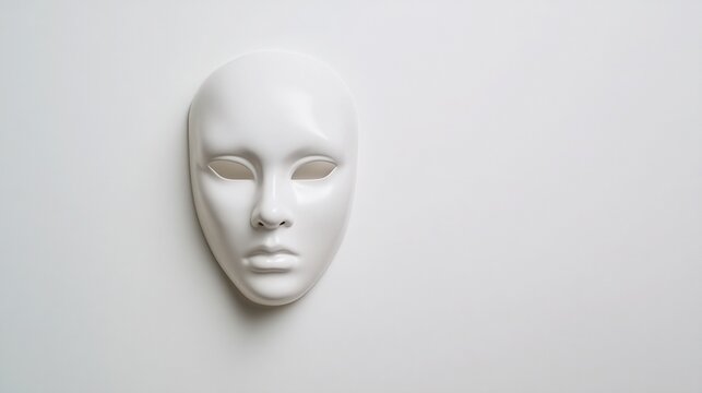 A smooth, white, expressionless mask with hollow eyes is displayed against a plain white background.