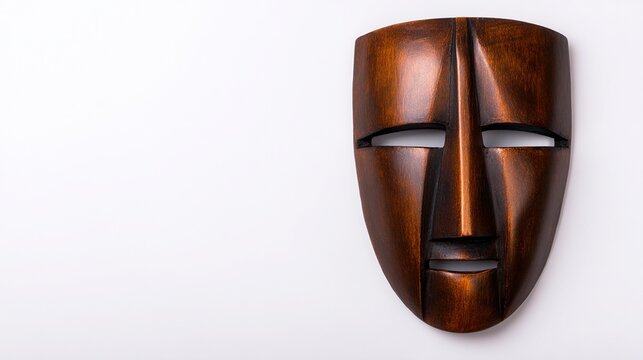 A sleek wooden mask with minimalist features displayed against a white background.