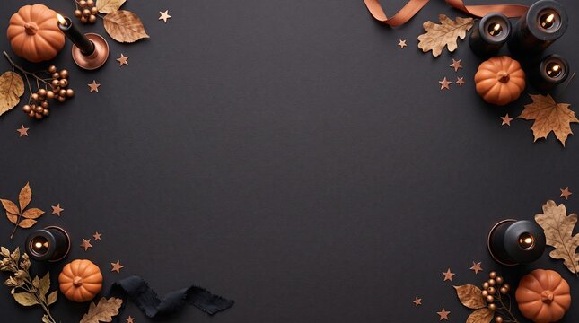 Autumn background flat lay with pumpkins, candles, and leaves on black, halloween concept, copy space