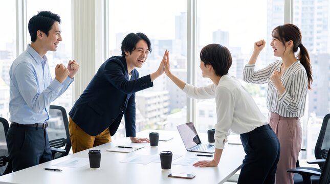 Successful Asian business professionals celebrating achievement with high fives in a modern office meeting, representing corporate victory, team collaboration, and positive work environment results
