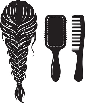 Hair salon equipment silhouette featuring long braided hairstyle with hairbrush and comb for beauty studio logo.
