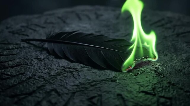 Occult 4K Cinematic Black Raven Feather Burning with Magical Green Fire on Ancient Runestone Surface Seamless Loop