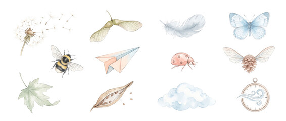Obraz premium Watercolor nature clipart set isolated featuring flying butterfly bumblebee dandelion seeds paper airplane feather leaf ladybug cloud maple seed sycamore key winged pinecone for delicate summer design