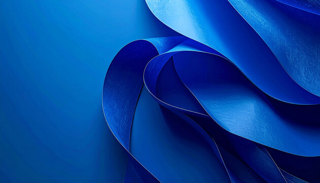Minimalist 3d blue ribbon wallpaper with textured waves and elegant curves background, copy space.
