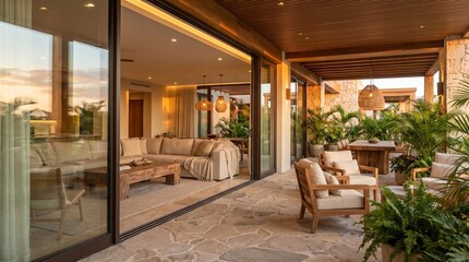 Fototapeta premium Luxury tropical patio space featuring comfortable wooden chairs and seamless indoor outdoor living design illuminated by soft warm golden sunset light