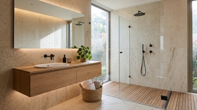Modern bathroom interior featuring natural stone walls wooden vanity cabinet glass shower enclosure and lush green indoor potted plant foliage