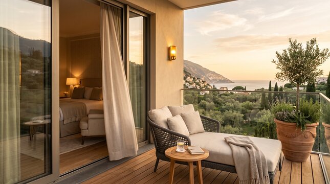 Luxurious hotel terrace featuring comfortable lounge seating with sunset views overlooking the mediterranean coastline and lush olive trees at twilight