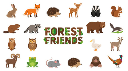 Obraz premium A collection of colorful flat vector illustrations of cute wild forest animals and woodland creatures isolated on a white background