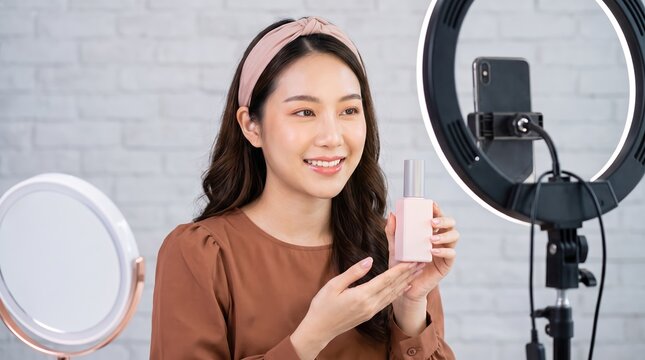 Smiling young Asian beauty influencer recording cosmetic product review video tutorial using smartphone with ring light at home