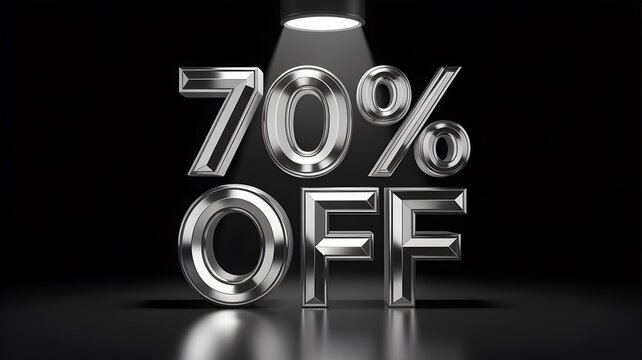 Seventy percent off discount sign rendered in metallic chrome letters under bright dramatic spotlight lighting effect