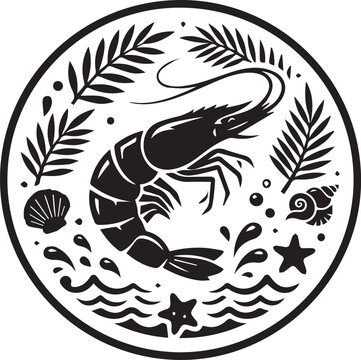 Shrimp seafood emblem with palm leaves and seashells in circular frame for restaurant menu and ocean themed art.