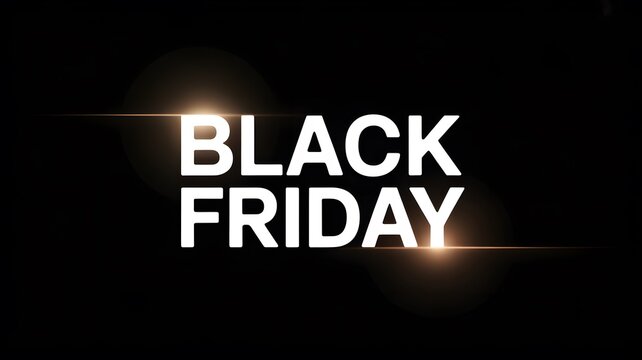 Black friday text advertisement featuring bright golden light flares set against a solid dark black background