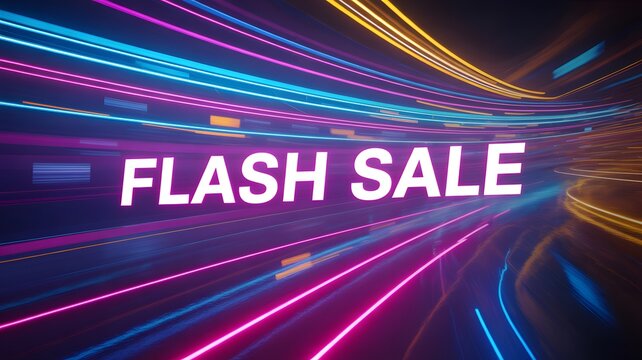 Flash sale text banner glowing with vibrant neon light motion streaks against a dark abstract background