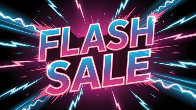 Flash sale typography display featuring bright neon lightning bolts and vibrant purple and blue glowing gradients