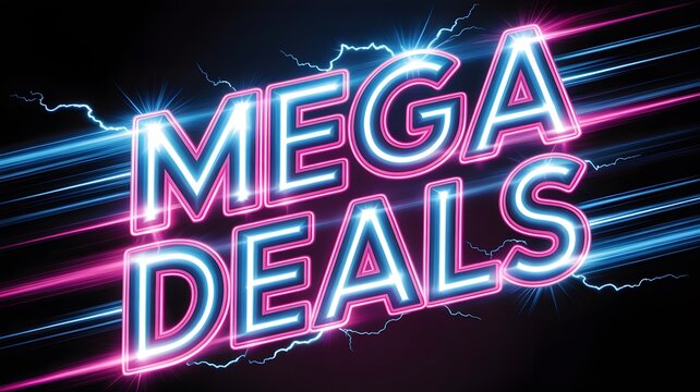 Mega deals text rendered with vibrant neon pink and blue lighting against a dark black background