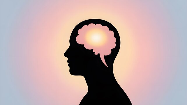 Human head silhouette featuring a glowing pink brain icon representing mental creativity and deep intellectual thought