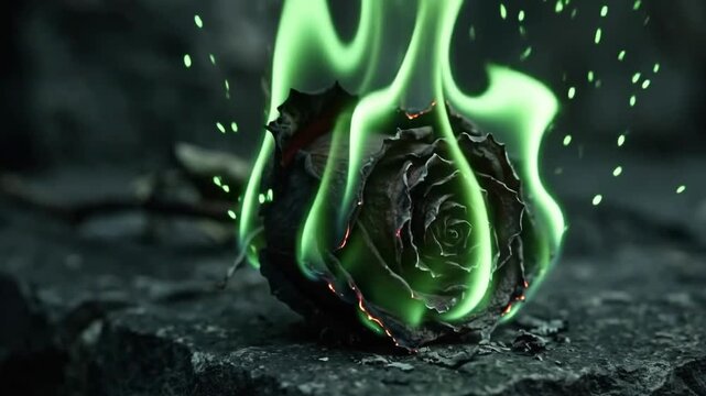 Cinematic 4K Seamless Loop Dark Gothic Withered Rose Burning with Green Spectral Hellfire on Eerie Rocky Ground