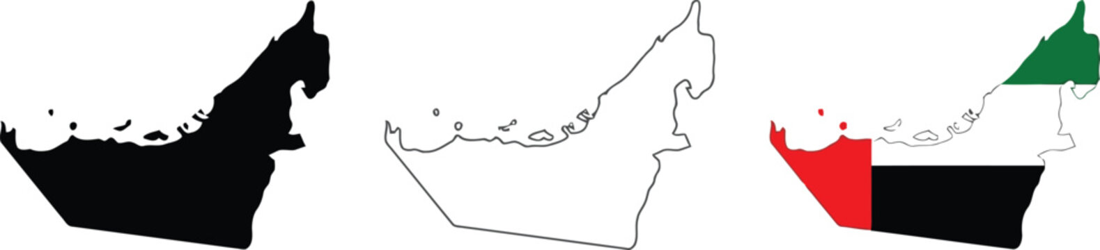 Set of united arab emirates map shapes including silhouette outline and flag design