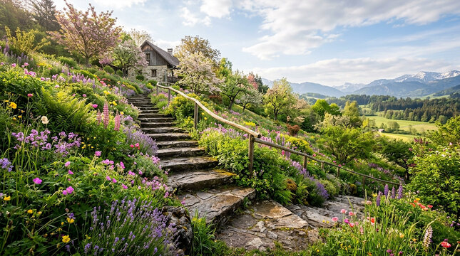 Charming stone cottage nestled in a vibrant flowering hillside garden with a rustic stone staircase during spring