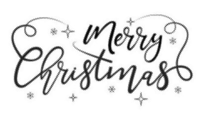 Merry Christmas hand lettering calligraphy script with decorative halftone star elements transparent background © AbstractZone