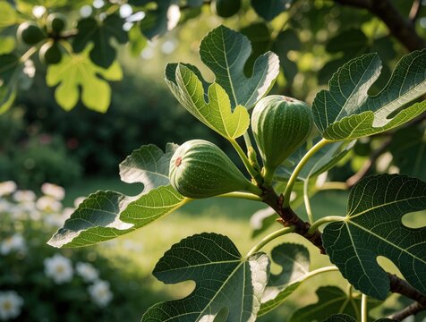 Fresh green figs grow on fig tree branch among large leaves. Close up view of ripening fruit in organic garden orchard. Summer sun shines on ripe Ficus carica plants in nature. Healthy raw food grows