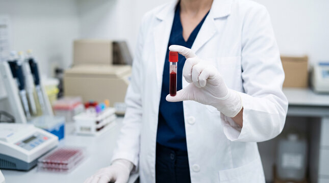 Professional Medium-Shot Medical Photograph of a Female Scientist Wearing a Lab Coat and White Gloves Examining a Labeled Blood Sample Test Tube in a Research Laboratory