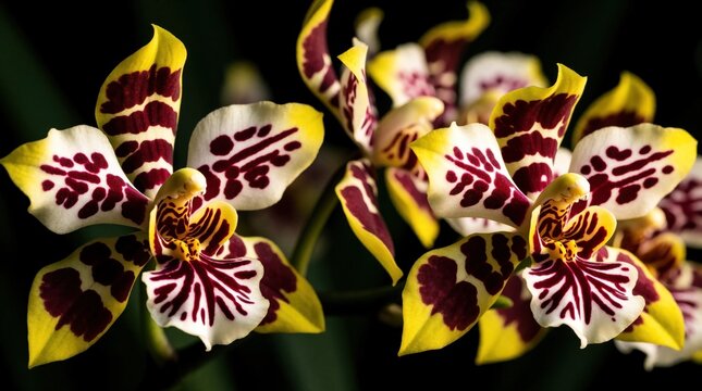 Close up view of spotted tiger orchid flowers. Vibrant yellow and deep red petals have unique spotted patterns. Tropical flora detail in natural garden setting.
