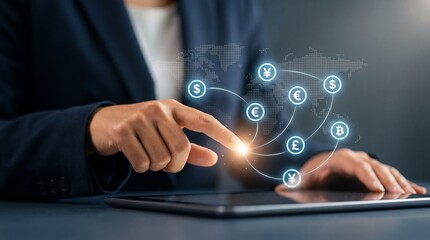 Fototapeta premium Hand Touching Tablet with Digital Currency Network Icons Concept