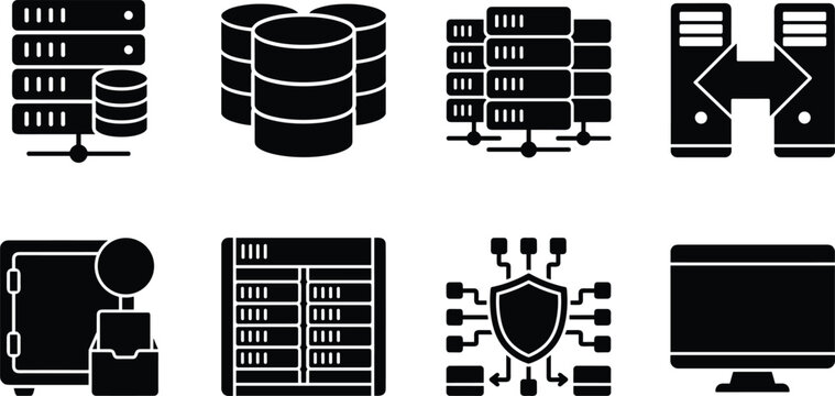 Data center and server infrastructure vector icon set featuring database storage server rack migration network security and system admin