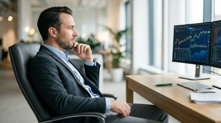 Obraz premium Financial analyst contemplating stock market trends on dual monitors in a modern, bright office with copy space.