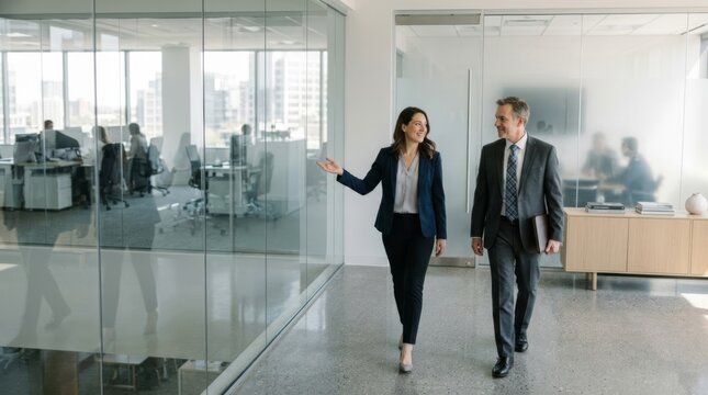 Businesswoman escorts client through modern office lobby, discussing project details near meeting room