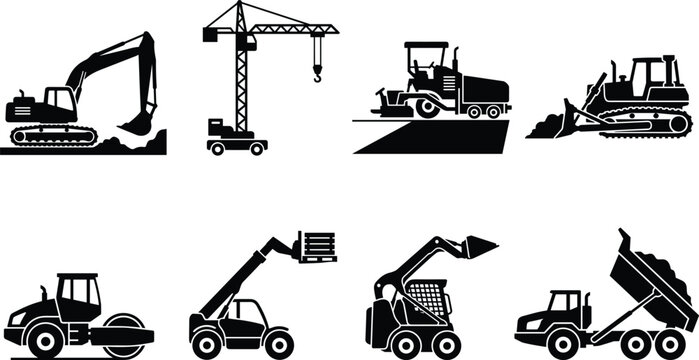 Heavy construction equipment icon set featuring excavator tower crane road paver bulldozer roller telehandler skid steer and dump truck