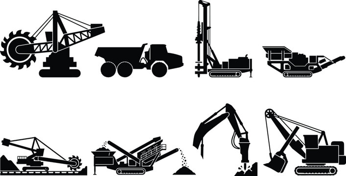 Heavy mining equipment silhouette vector set featuring bucket wheel excavator dump truck drilling rig rock crusher jackhammer crane machinery