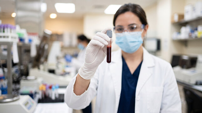 labeled blood sample test tube, medical professional holding vial, gloved hand with blood sample, white glove holding tube, clinical laboratory blood collection, red top vacuum blood