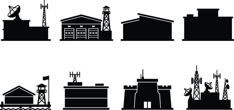Military base and industrial facility vector icon set featuring satellite dish watchtower warehouse bunker communication tower and harbor fort
