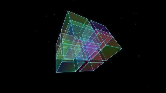 Cubes formed by translucent neon wireframes float against a dark void, creating a complex geometric structure that represents modern digital architecture and structural integrity in abstract design.