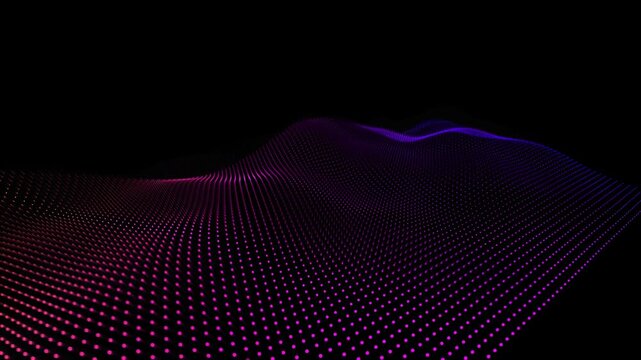 Dots arranged in a wavy grid pattern create a glowing topography that shifts from magenta to deep blue against a vast black background to illustrate a futuristic landscape of digital information.