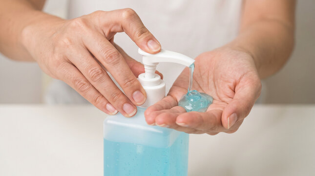 Close-Up View of a Woman Dispensing Blue Hand Sanitizer Gel from a Pump Bottle for Hand Hygiene and Disinfection